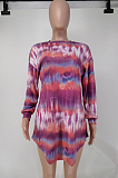 Yellow Wholesal Tie Dye Printing Long Sleeve Round Neck Not With Belt Loose Mini Dress A8591-2