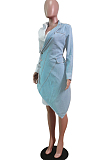 White Fashion Jean Spliced Long Sleeve Lapel Neck Button Shirt Dress WY6840 