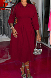 Wine Red Cotton Blend Long Sleeve V Collar Hoodie Collcet Waist Solid Colur Swing Side With Stealth Zipper T-Shirt Dress WY6843-3