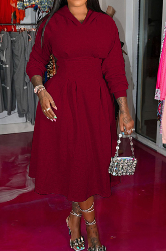Wine Red Cotton Blend Long Sleeve V Collar Hoodie Collcet Waist Solid Colur Swing Side With Stealth Zipper T-Shirt Dress WY6843-3