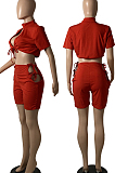 White Night Club Sexy Short Sleeve Round Collar Dew Bust Bandage Blouse High Waist Shorts Solid Color Two-Piece YFS10012-1