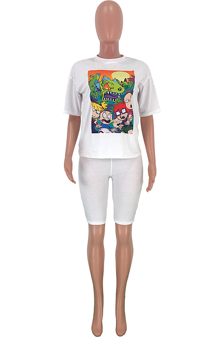 Red Casual Women Cartoon Graphic Short Sleeve Round Collar T-Shirts Shorts Loose Sports Sets CYY8537-3