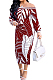 Wine Red Fashion Printing Long Sleeve A Wrod Shoulder Collcet Waist Long Dress A8241-1