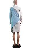 White Fashion Jean Spliced Long Sleeve Lapel Neck Button Shirt Dress WY6840 
