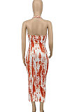 Orange Euramerican Women Fashion Printing Halter Neck Backless Sexy Long Dress WME20756
