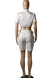 Gray Night Club Sexy Short Sleeve Round Collar Dew Bust Bandage Blouse High Waist Shorts Solid Color Two-Piece YFS10012-4
