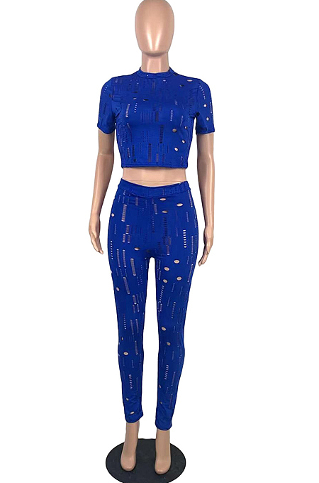 Blue Autumn Summer Hollow Out Pure Color Short Sleeve Round Neck Dew Waist Pencil Pants Sports Sets YFS10016-3
