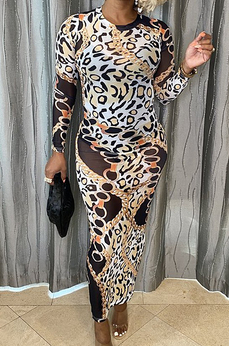 Yellow Leopard Printing Fashion Women Long Sleeve Round Collar Mesh See-Through Bodycon Dress BBN191-2