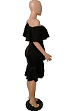 Yellow Cotton Blend New Ruffle Off Shoulder Collcet Waist Solid Color Irregularity Midi Dress A8401-3