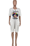White Casual Lips Printing Short Sleeve V Neck With Pocket Loose Romper Shorts CYY00021-3