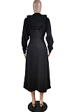Wine Red Cotton Blend Long Sleeve V Collar Hoodie Collcet Waist Solid Colur Swing Side With Stealth Zipper T-Shirt Dress WY6843-3