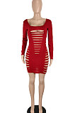 Wine Red Sexy Hollow Out Club Dress Long Sleeve Solid Color Mini Dress SH7280-2