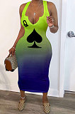Multicolor Women Sleeveless Fashion Printing Gradient Long Dress SMY8020-1