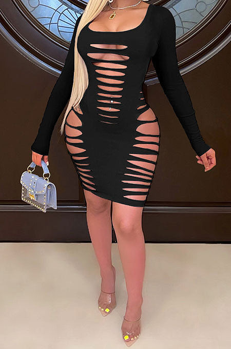 Black Sexy Hollow Out Club Dress Long Sleeve Solid Color Mini Dress SH7280-1