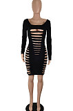 Wine Red Sexy Hollow Out Club Dress Long Sleeve Solid Color Mini Dress SH7280-2