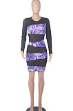 Bright Blue Printing Mesh Spaghetti Spliced Perspectivity Long Sleeve Round Neck Club Mini Dress WMZ2652-2