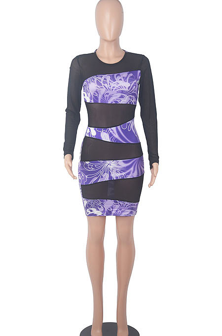 Bright Blue Printing Mesh Spaghetti Spliced Perspectivity Long Sleeve Round Neck Club Mini Dress WMZ2652-2