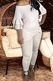 White New Women Ruffle Sleeve Round Collar Loose T-Shorts Bodycon Pants Solid Color Sets HXY8034-1