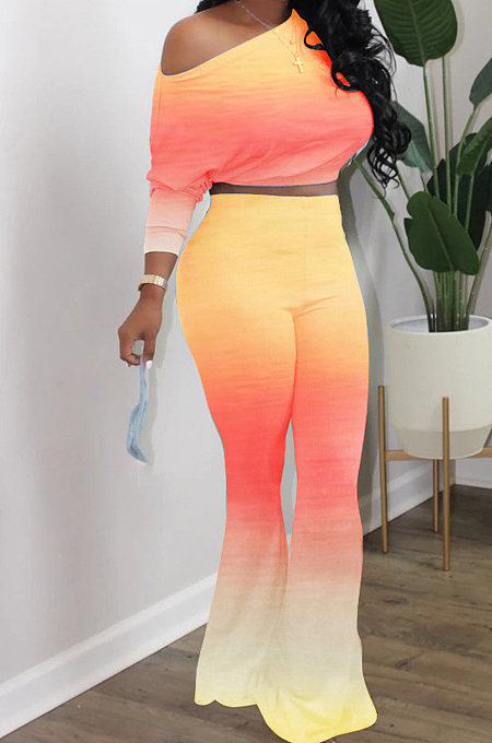 Yellow Red Casual Gradient Batwing Long Sleeve Dew Waist Top Slim Fitting Flare Pants Sets HXY8037-2