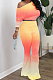Yellow Red Casual Gradient Batwing Long Sleeve Dew Waist Top Slim Fitting Flare Pants Sets HXY8037-2