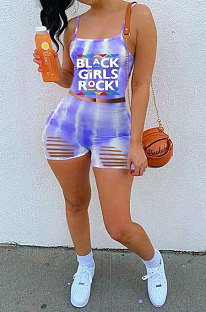 Blue Fashion Printing Hole Condole Belt Sport Shorts Sets WME20757-1