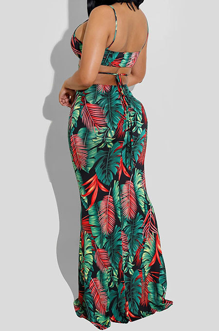 Black Women Condole Belt Casual Digital Printing Dew Waist Sexy Long Dress WMZ2649-1
