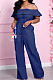 Dark Blue Wholesal Women A Wrod Shoulder Single-Breasted Strapless Top Hight Waist Loose Pants Jeans Sets HXY8036-1