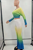 Yellow Red Casual Gradient Batwing Long Sleeve Dew Waist Top Slim Fitting Flare Pants Sets HXY8037-2