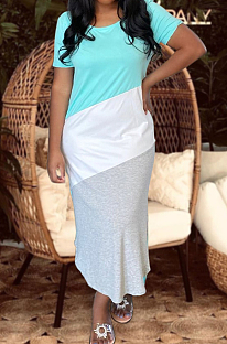 Cyan Summer Spliced Short Sleeve Round Neck T-Shirts Slim Fitting Long Dress HXY8025-2