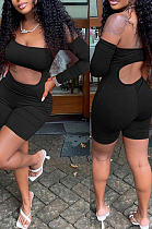Black Night Club Off Shoulder Single Sleeve Condole Belt Backless Hollow Out Slim Fitting Romper Shorts DR88119-1