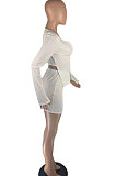 White Women Sexy Pure Color Double Zippers Elastic Long Sleeve Casual Skirts Sets AB6656-1