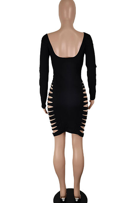 Black Sexy Hollow Out Club Dress Long Sleeve Solid Color Mini Dress SH7280-1