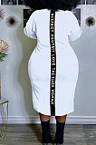 Black Big Yards Casual Letter Printing Short Sleeve Round Neck Slit T-Shirts Long Dress YFS10007-2