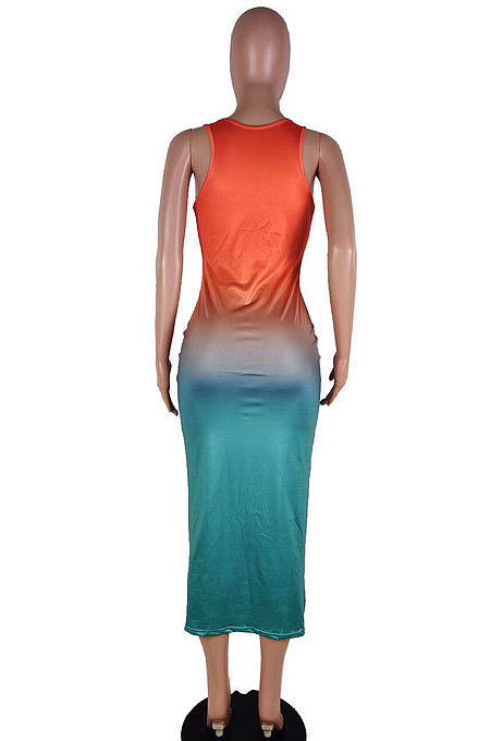 Multicolor Women Sleeveless Fashion Printing Gradient Long Dress SMY8020-1