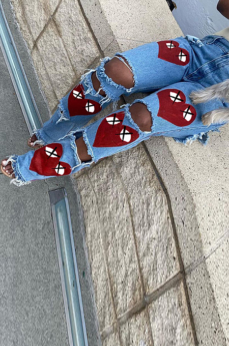Red Casual Love Printing Hole Hollow Out Slim Fitting High Waist Jeans Shift Pants SX02349-1