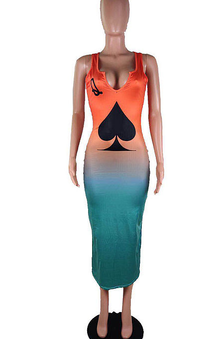 Multicolor Women Sleeveless Fashion Printing Gradient Long Dress SMY8020-1