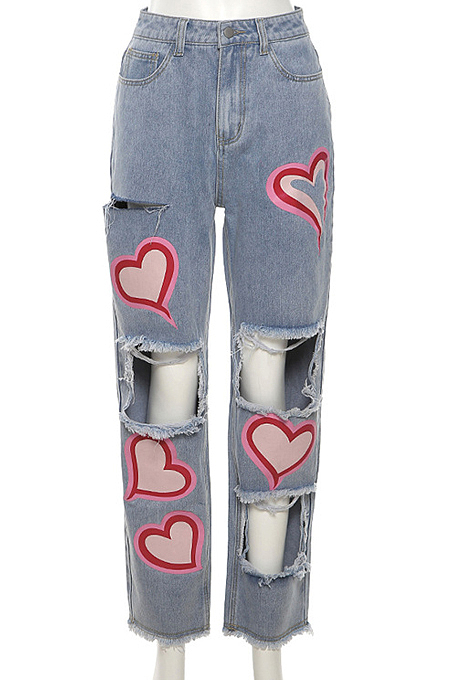 Pink Casual Love Printing Hole Hollow Out Slim Fitting High Waist Jeans Shift Pants SX02349-2