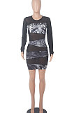 Bright Blue Printing Mesh Spaghetti Spliced Perspectivity Long Sleeve Round Neck Club Mini Dress WMZ2652-2