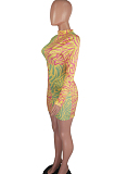 Yellow Contrast Color Printing Long Sleeve Round Collar Bodycon Mini Dress HXY8023