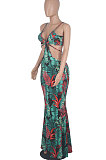 Blue Women Condole Belt Casual Digital Printing Dew Waist Sexy Long Dress WMZ2649-2