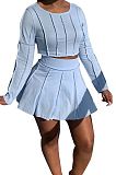 Pink Cotton Blend Long Sleeve Round Collar Top High Waist Mini Skirts Solid Color Two-Piece HG135-1