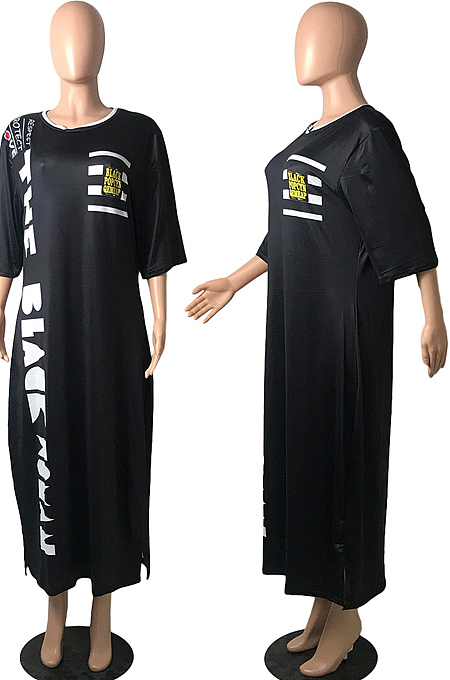 White Big Yards Casual Letter Printing Short Sleeve Round Neck Slit T-Shirts Long Dress YFS10007-1