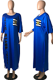 Black Big Yards Casual Letter Printing Short Sleeve Round Neck Slit T-Shirts Long Dress YFS10007-2
