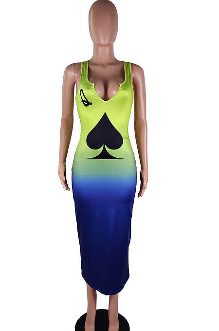Multicolor Women Sleeveless Fashion Printing Gradient Long Dress SMY8020-1