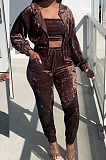 Orange Wholesal New Elastic Band Strapless Long Sleeve Hooded Zipper Coat Drawsting Pencil Pants Three-Piece HG136-1