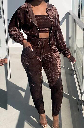 Orange Wholesal New Elastic Band Strapless Long Sleeve Hooded Zipper Coat Drawsting Pencil Pants Three-Piece HG136-1