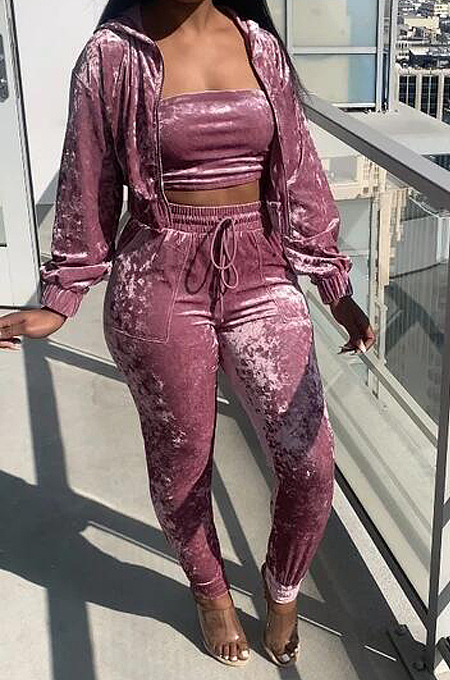 Dark Pink Wholesal New Elastic Band Strapless Long Sleeve Hooded Zipper Coat Drawsting Pencil Pants Three-Piece HG136-2