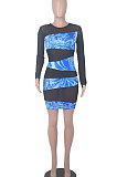 Purple Printing Mesh Spaghetti Spliced Perspectivity Long Sleeve Round Neck Club Mini Dress WMZ2652-4