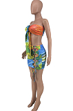 Green Sexy Positioning Printing Strapless Bandage Hollow Out Hip Mini Skirts Sets HG132-3