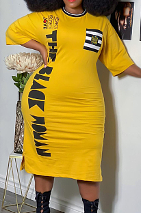 Yellow Big Yards Casual Letter Printing Short Sleeve Round Neck Slit T-Shirts Long Dress YFS10007-4